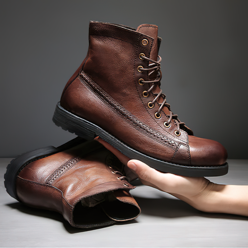 Men's vintage lace-up PU leather boots in brown, showcasing a flexible tractor sole for comfort and style.