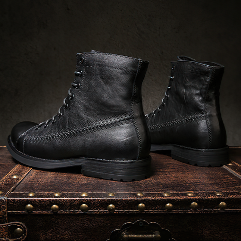 Stylish black PU leather men's lace-up boots with a flexible tractor sole, perfect for casual wear.