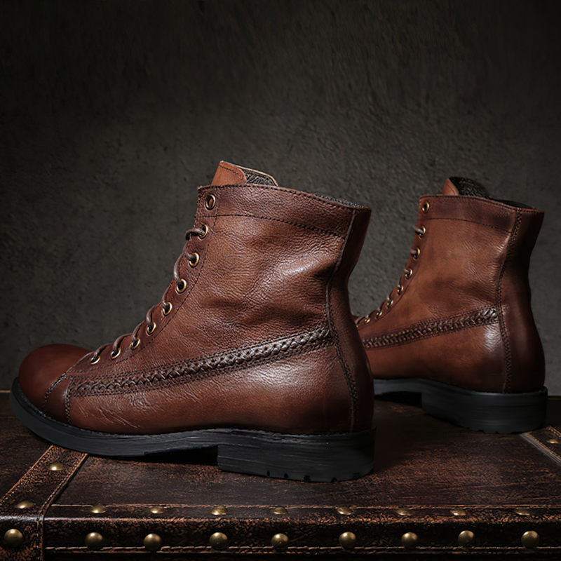 Brown PU leather men's lace-up ankle boots with flexible sole, perfect for stylish casual outfits.