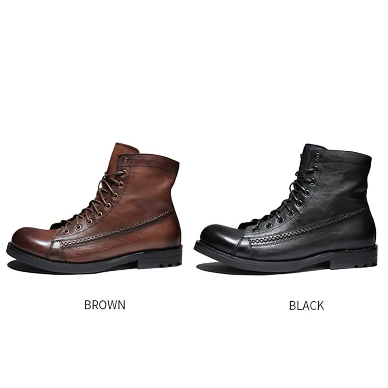 Rock style men's PU leather lace-up boots in brown and black, stylish and comfy casual ankle shoes.