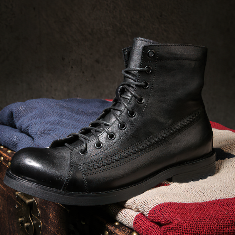 Stylish black lace-up PU leather men's boots on a vintage textile background, perfect for casual outfits.