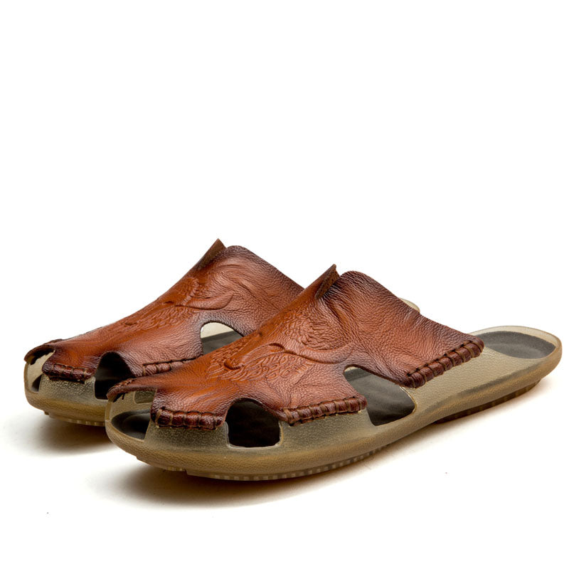 Rock style men's leather non-slip slippers, perfect for warm weather and crafted for comfort and style.