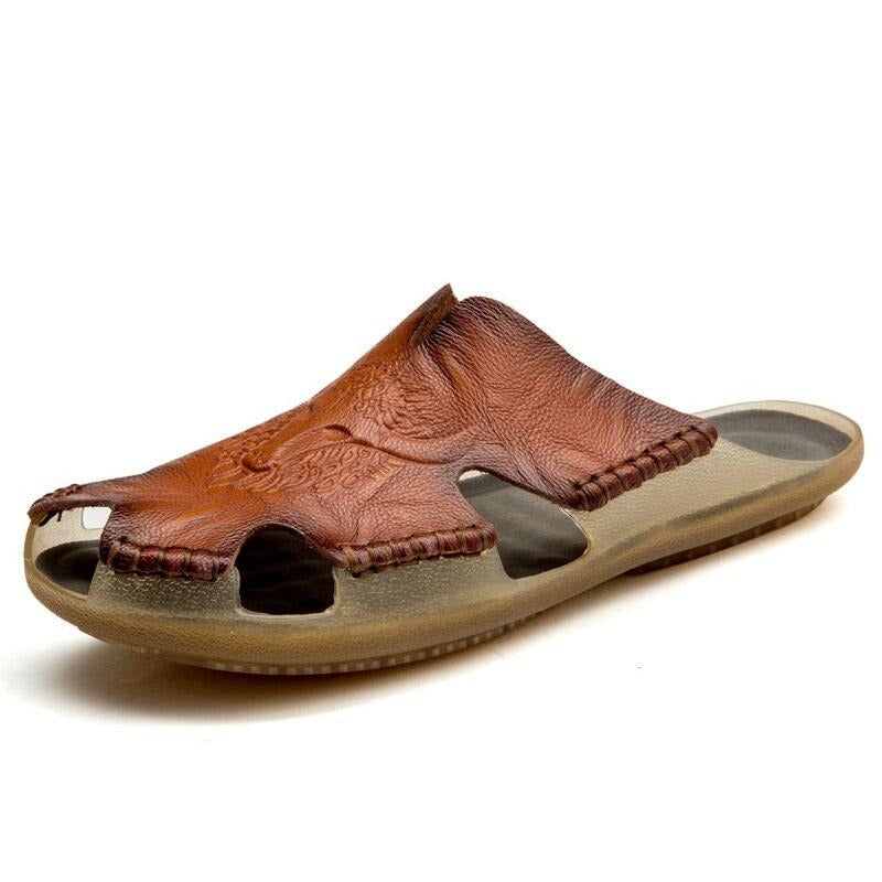 Rock style leather non-slip sandals for men, featuring unique split design and comfortable fit for warm seasons.
