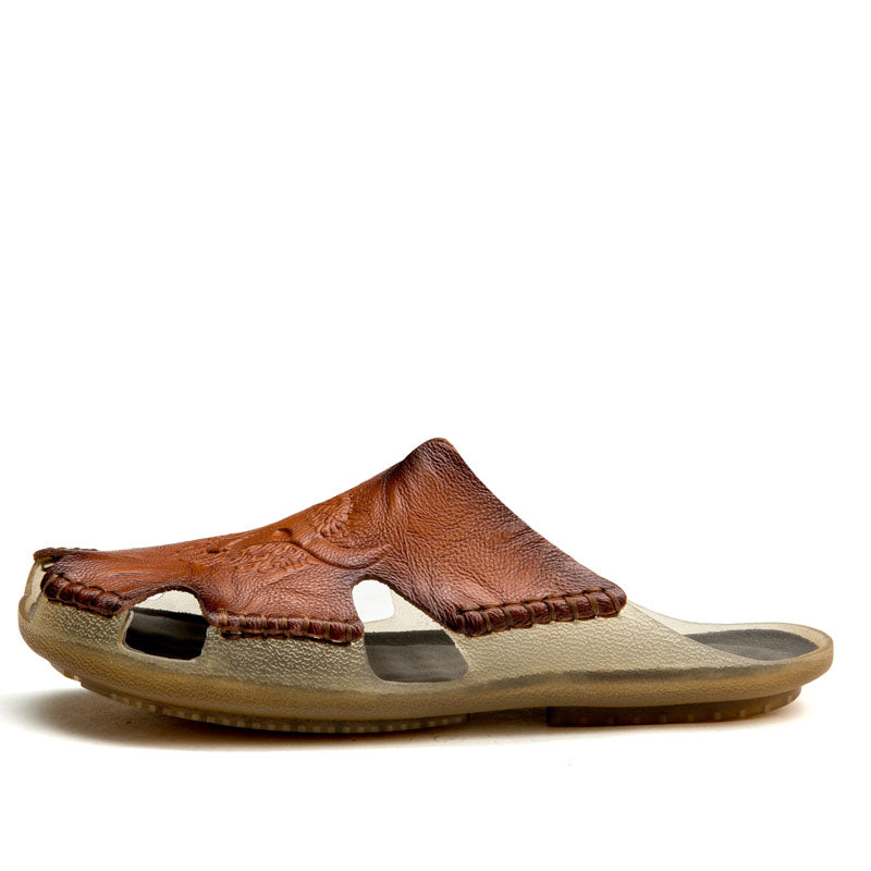 Rock Style leather non-slip slippers in brown, perfect for warm seasons; alternative fashion for men.