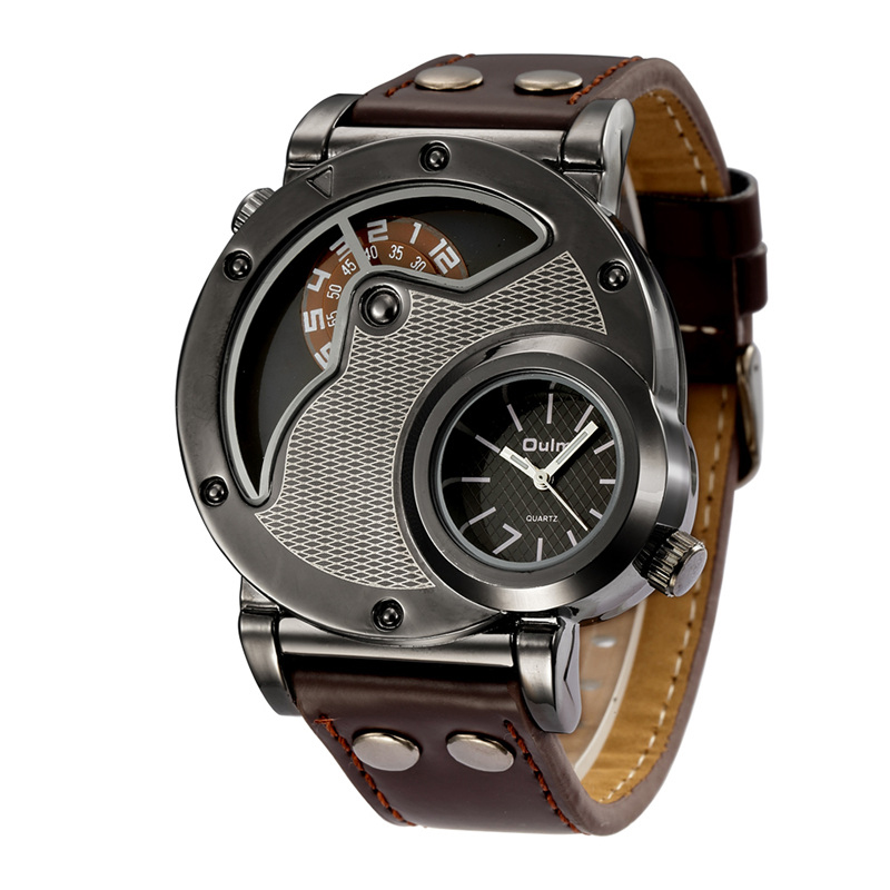Rock style quartz watch with brown PU leather strap and modern design for men.