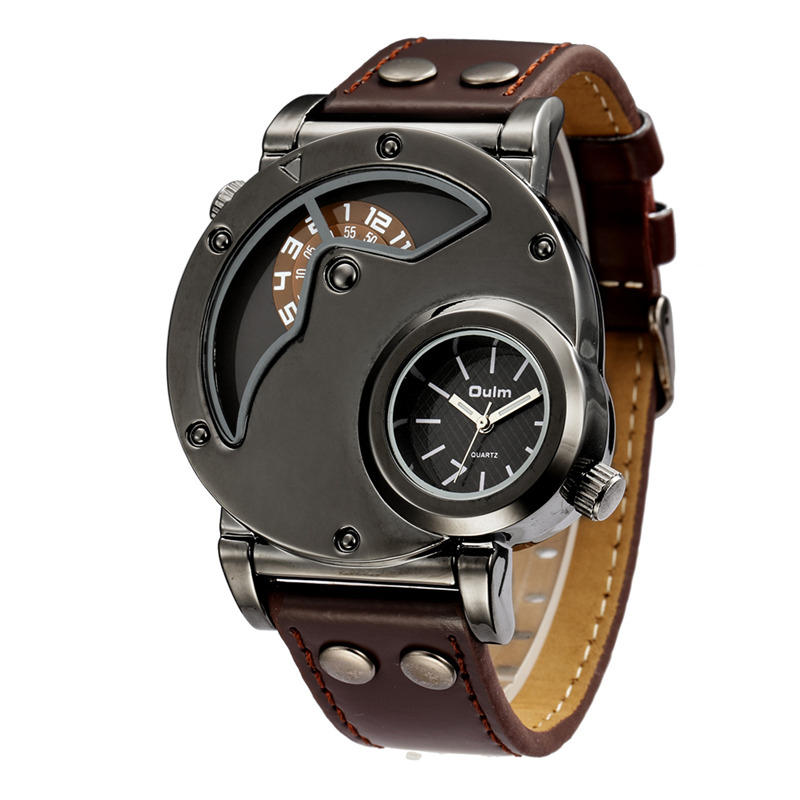 Rock style quartz watch featuring dual time displays and brown PU leather band for men.