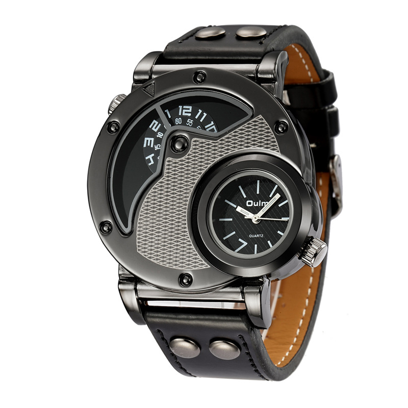 Rock style quartz dual PU leather watch for men with modern design and casual stainless steel accents.