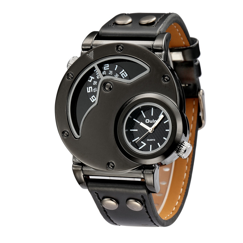 Rock style quartz watch with dual display and black PU leather strap for men, perfect for casual wear.