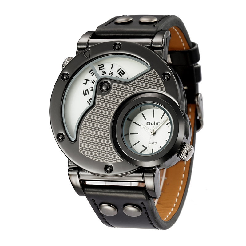 Rock style quartz watch with dual dials and PU leather strap, perfect for a casual look in men's fashion.