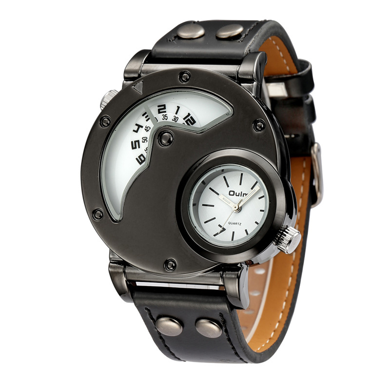 Rock style quartz dual watch with black PU leather band and unique dual dial design for men.