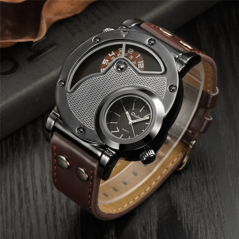 Rock style quartz watch featuring a dual time display and brown PU leather strap, perfect for stylish men.