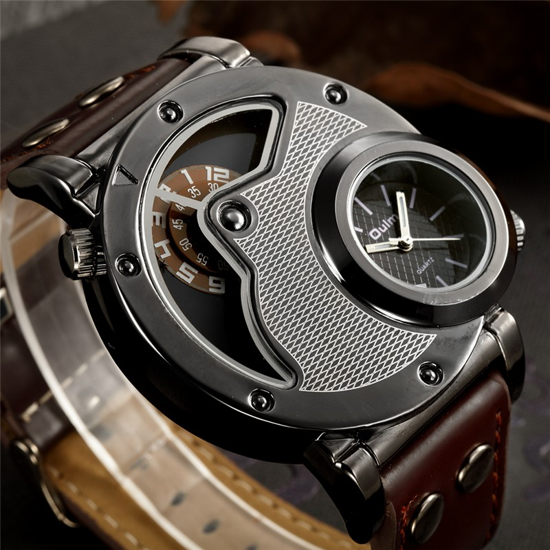 Rock style quartz watch in dual PU leather, showcasing a bold design for men, perfect for casual wear.