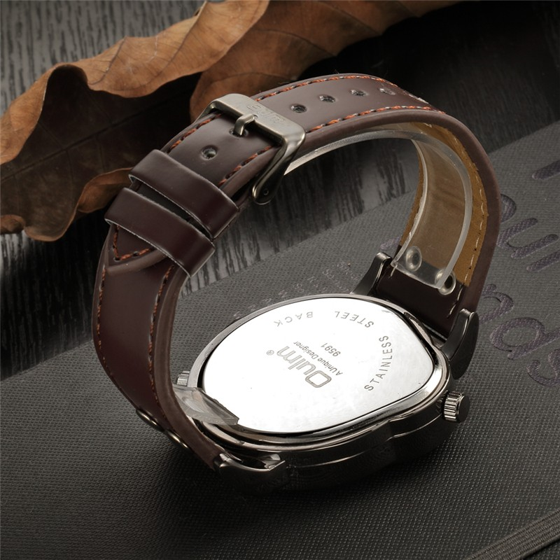 Back view of a stylish rock style quartz watch with a brown PU leather strap and stainless steel case.