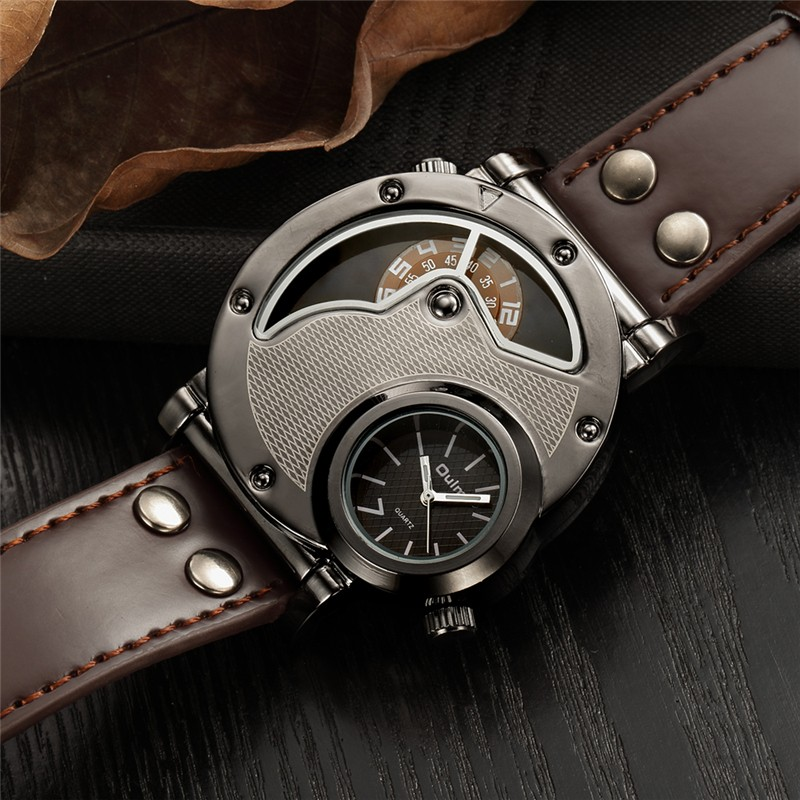 Rock style quartz dual PU leather watch with a modern design and stainless steel elements for men.