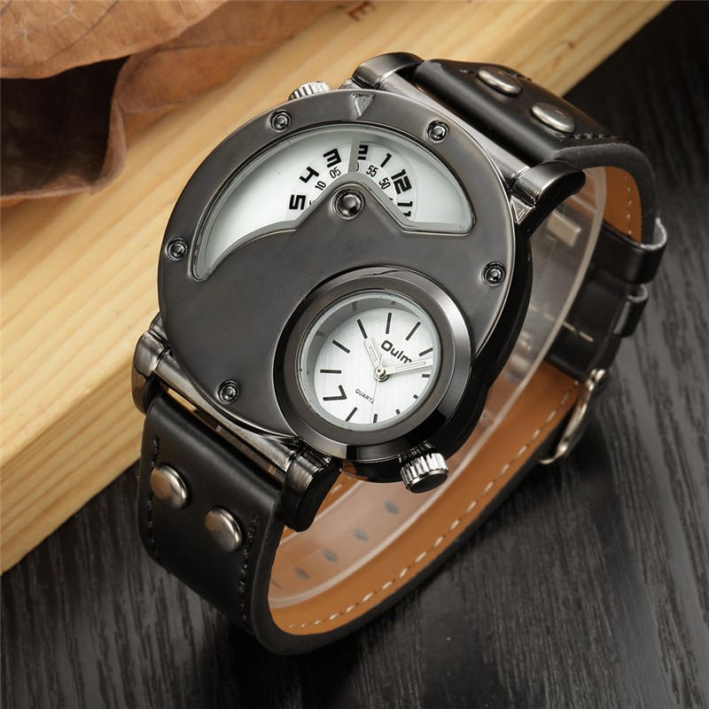Rock style quartz dual watch in black PU leather with unique dials for a modern men's accessory.