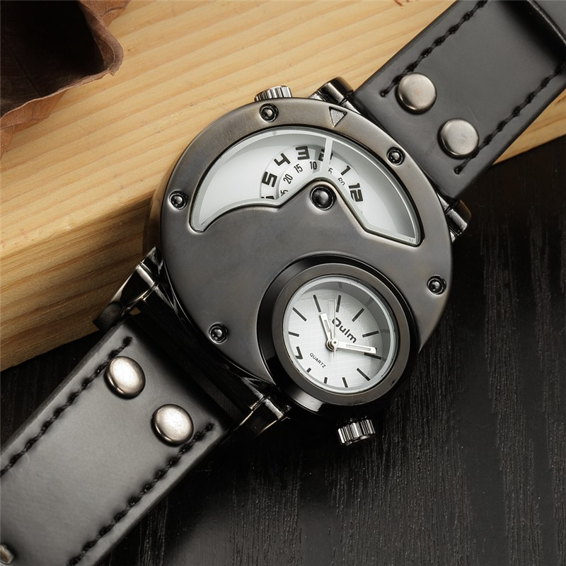 Rock style quartz watch with dual dial and black PU leather strap, perfect casual accessory for men.