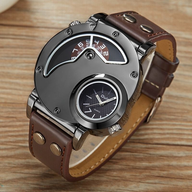 Rock style quartz watch with dual display and PU leather strap for men, perfect for casual wear.