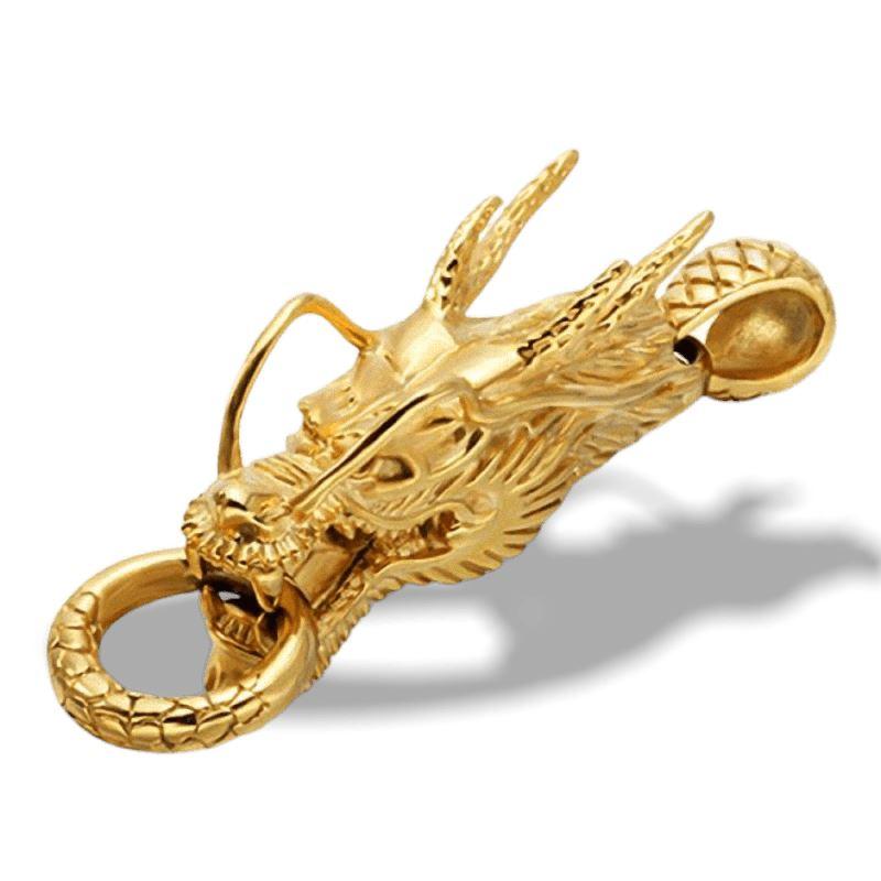 Gold dragon pendant necklace showcasing intricate design, ideal for cosplay or rock festivals, made of high-quality stainless steel.