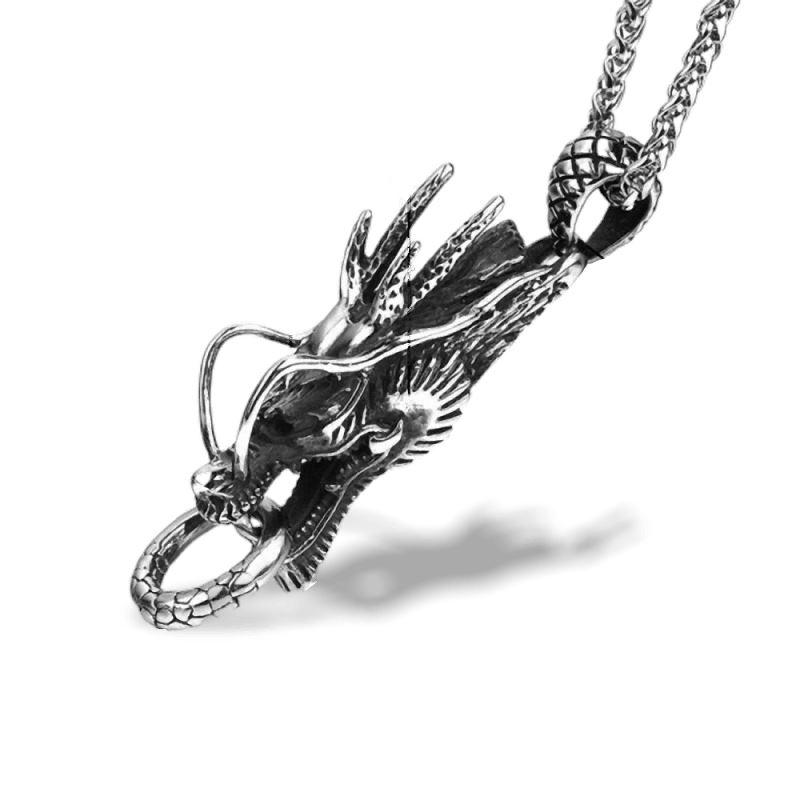 Silver stainless steel dragon pendant necklace, a trendy accessory for cosplay or festivals, showcasing fierce style.