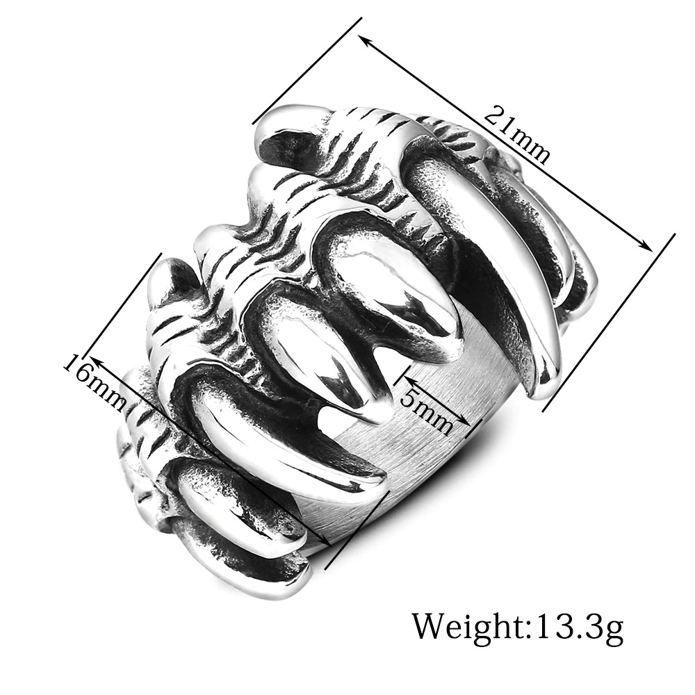 Punk rock style ring shaped like a wolf claw, featuring sharp details and measuring 21mm wide, 16mm tall, 5mm thick.