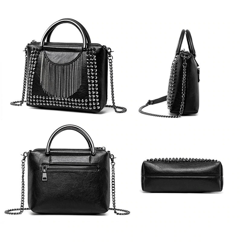 Rock style rivet crossbody bag for women showing various angles, featuring chains and studs, perfect for alternative fashion.