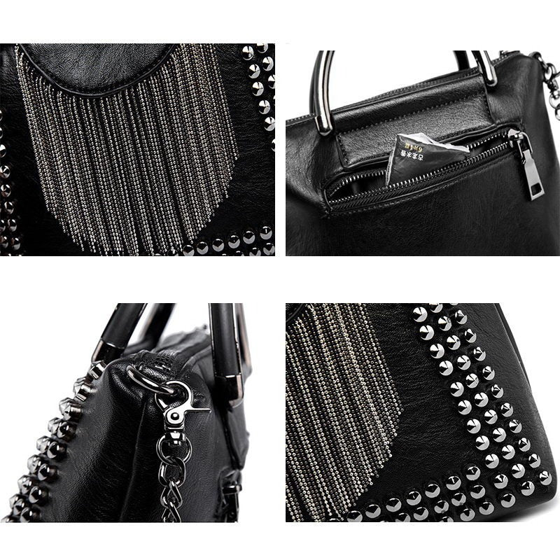 Close-up of black rivet crossbody bag featuring chains, studs, and zippers. Stylish alternative fashion accessory for women.