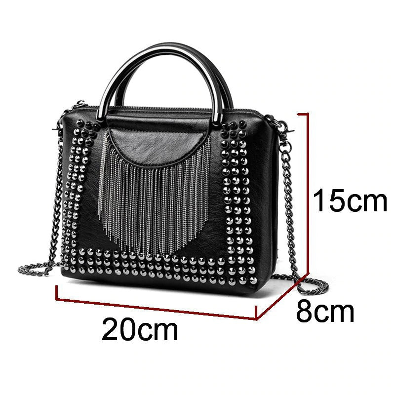 Rock style rivet crossbody bag for women featuring chains, studs, and a gothic belt, measuring 20x8x15 cm.