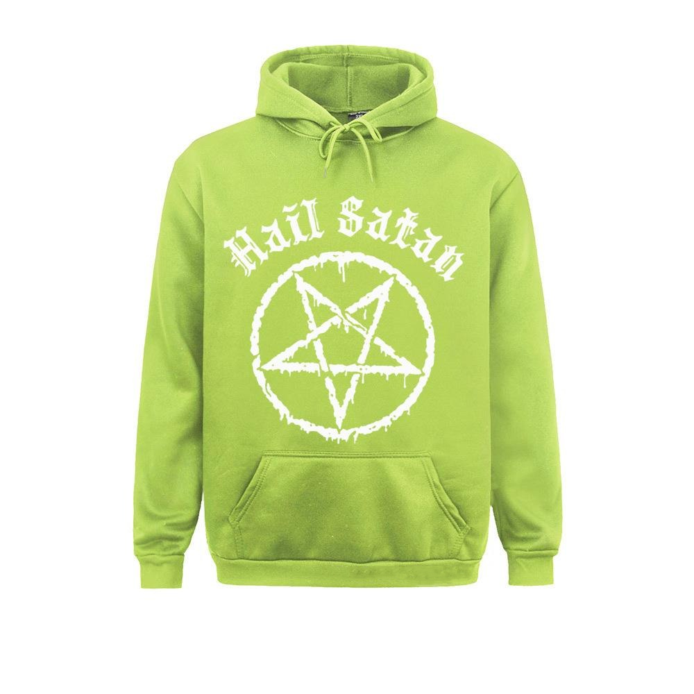 Rock style green hoodie with 'Hail Satan' text and pentagram design for alternative fashion enthusiasts.