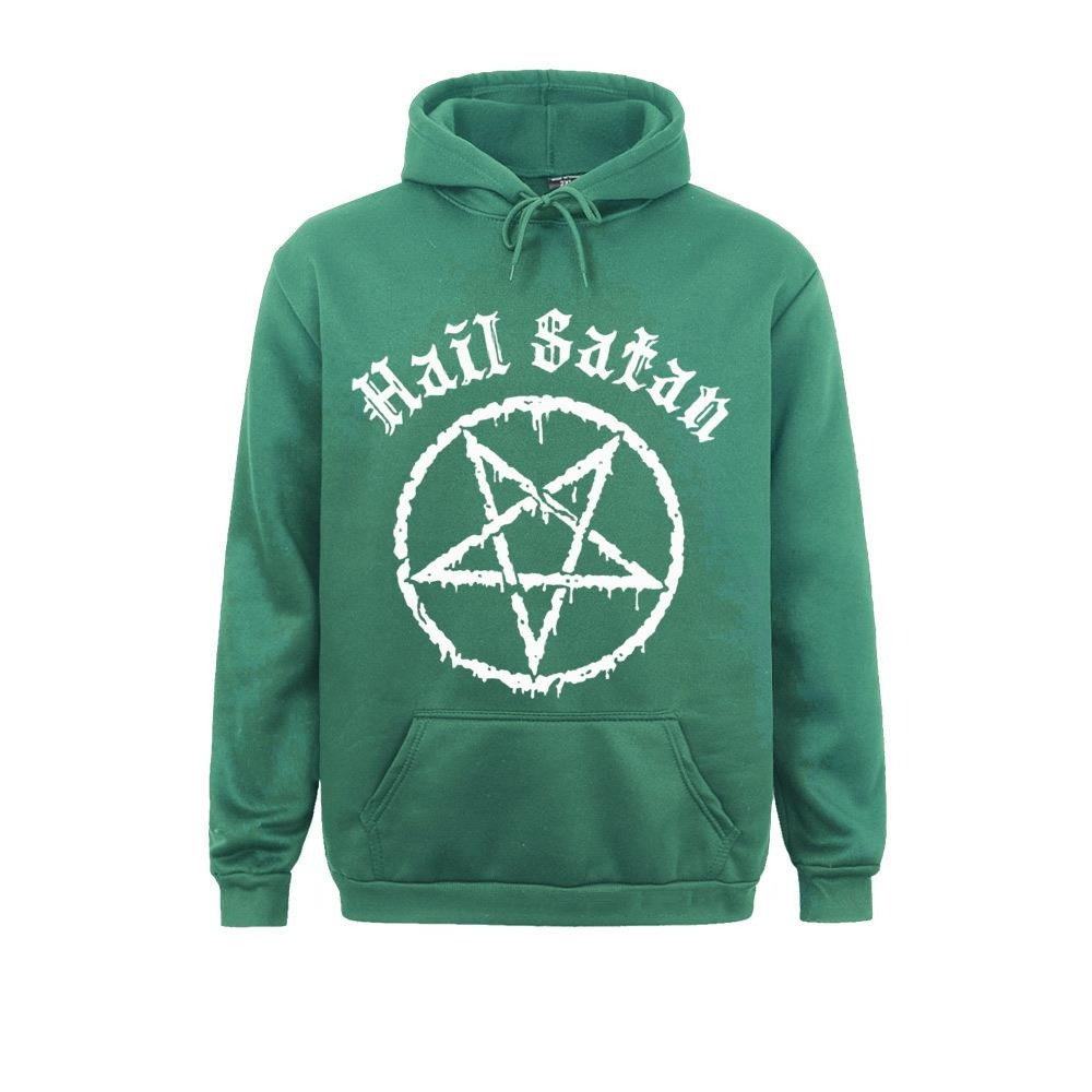 Rock style green hoodie featuring a satanic pentagram print and 'Hail Satan' text for alternative fashion lovers.