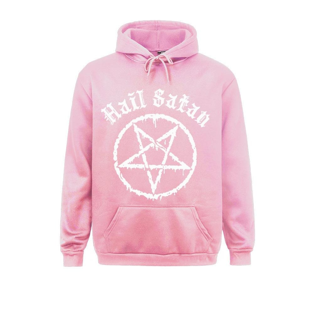 Rock style pink hoodie with 'Hail Satan' and pentagram print for alternative fashion fans. Comfortable unisex design.