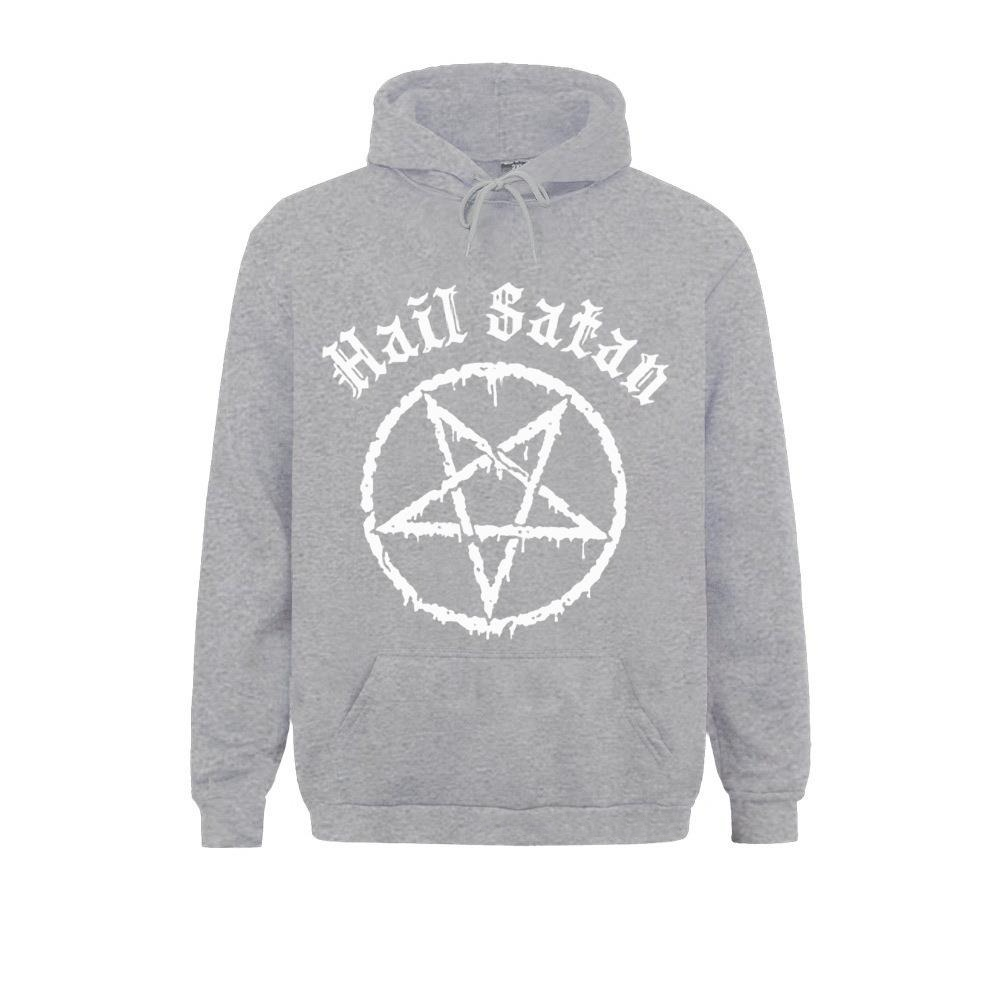 Rock style unisex hoodie featuring a satanic pentagram print and "Hail Satan" text, perfect for alternative fashion.