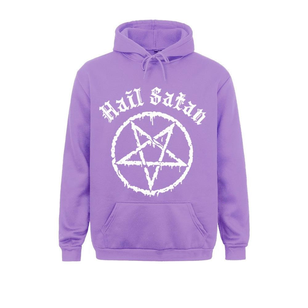 Rock style purple hoodie featuring Hail Satan text and pentagram print, perfect for alternative fashion lovers.