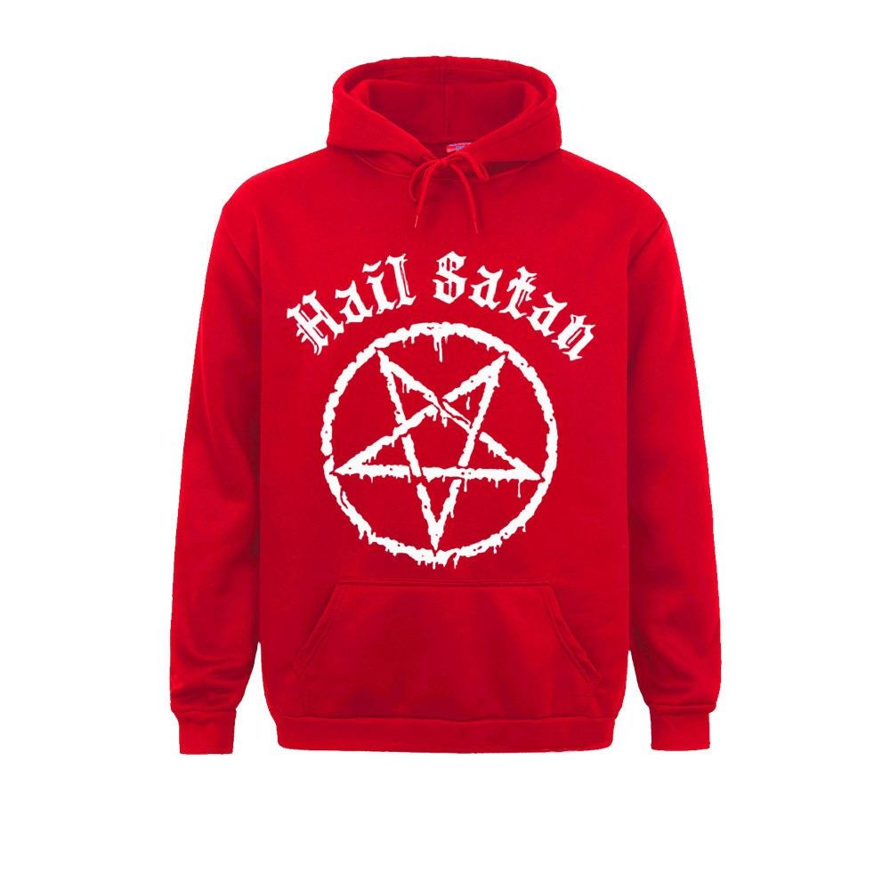Red hoodie with satanic pentagram print and 'Hail Satan' text, perfect for alternative fashion lovers.