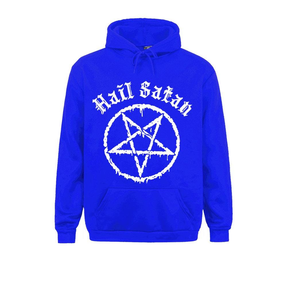 Rock style blue hoodie with pentagram print and 'Hail Satan' text, perfect for alternative fashion lovers.