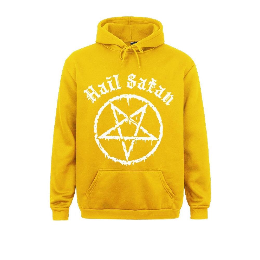 Cool yellow hoodie with 'Hail Satan' and pentagram print, perfect for rock style alternative fashion.