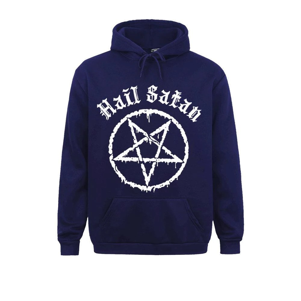 Cool navy hoodie with a satanic pentagram print and 'Hail Satan' text, perfect for alternative fashion enthusiasts.