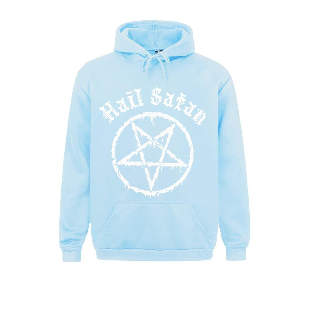 Rock style blue hoodie with Satanic pentagram print and 'Hail Satan' text for alternative fashion.