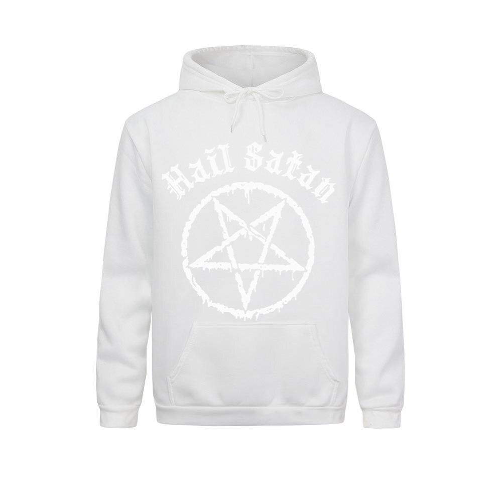 Cool white hoodie featuring a satanic pentagram print and 'Hail Satan' text for alternative fashion lovers.