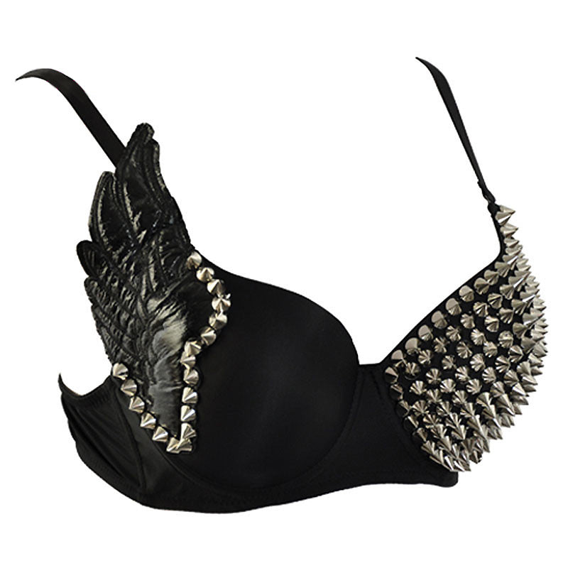 Black punk push-up bra with studs, rivets, and wing design, perfect for rock outfits.