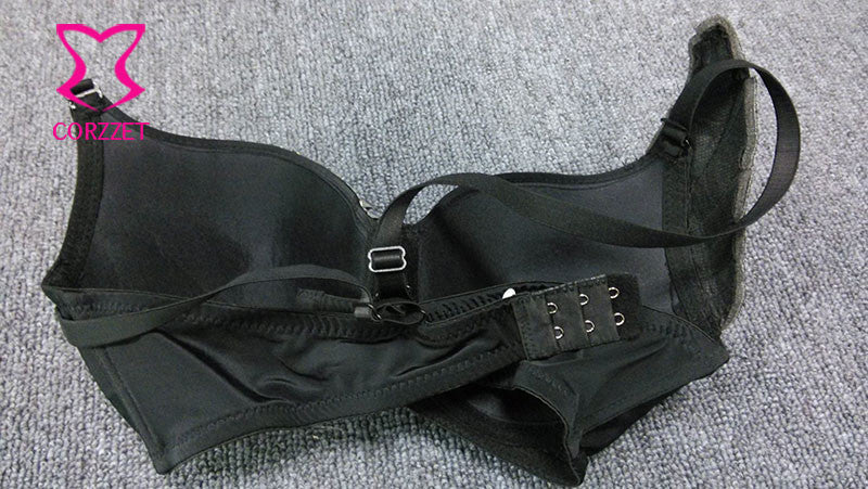 Black rock punk push-up bra with adjustable straps and hook closure, perfect for edgy outfits.