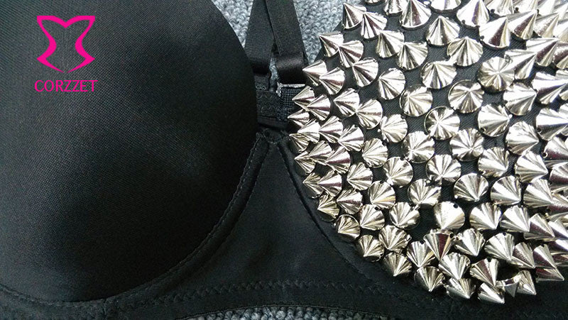Black punk push-up bra with silver studs and rivets, perfect for edgy rock outfits.