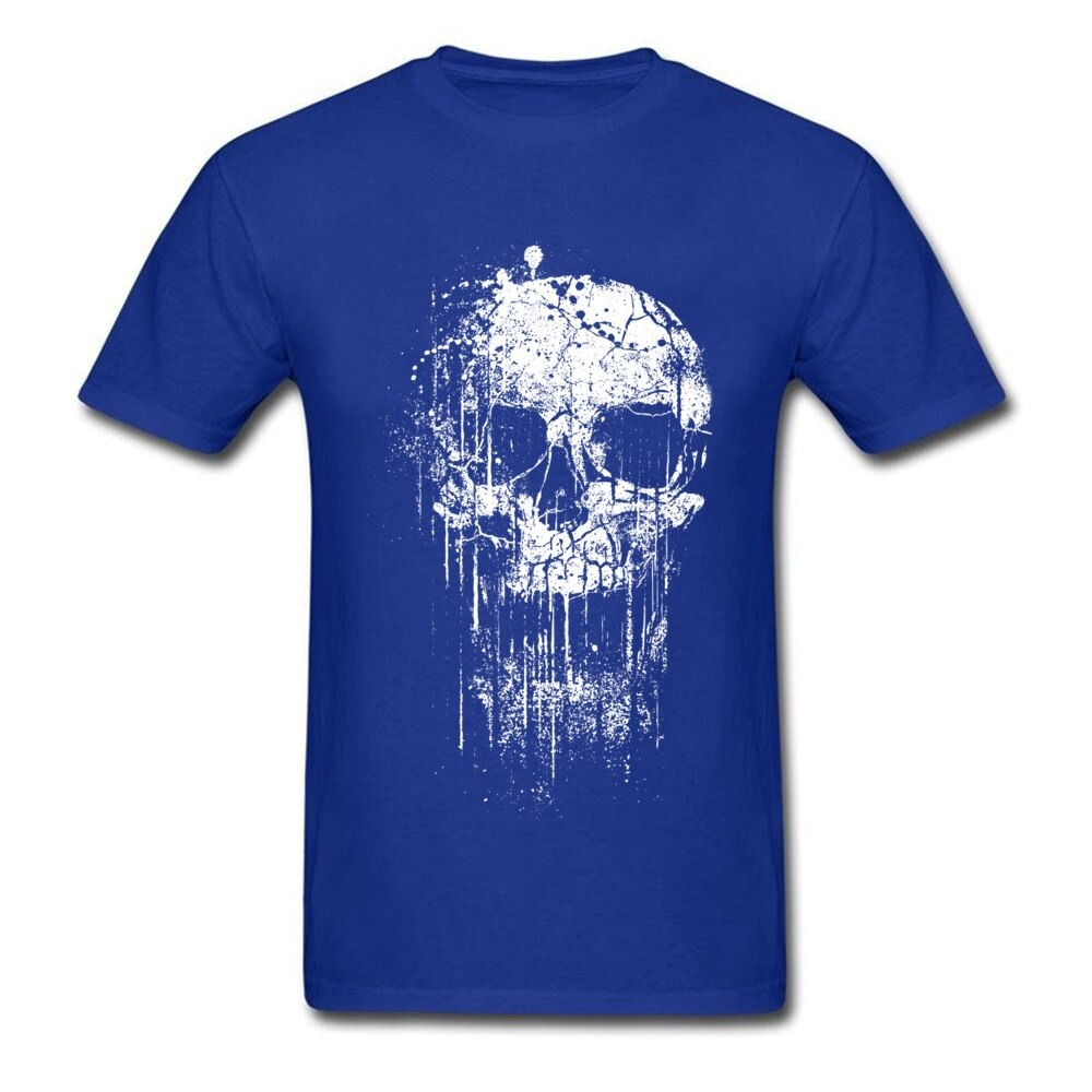 Rock style unisex skull print t-shirt in blue, featuring an edgy skull design for a fashionable look.
