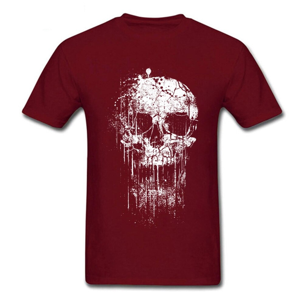 Unisex rock style short sleeve t-shirt in burgundy with a white skull print design.