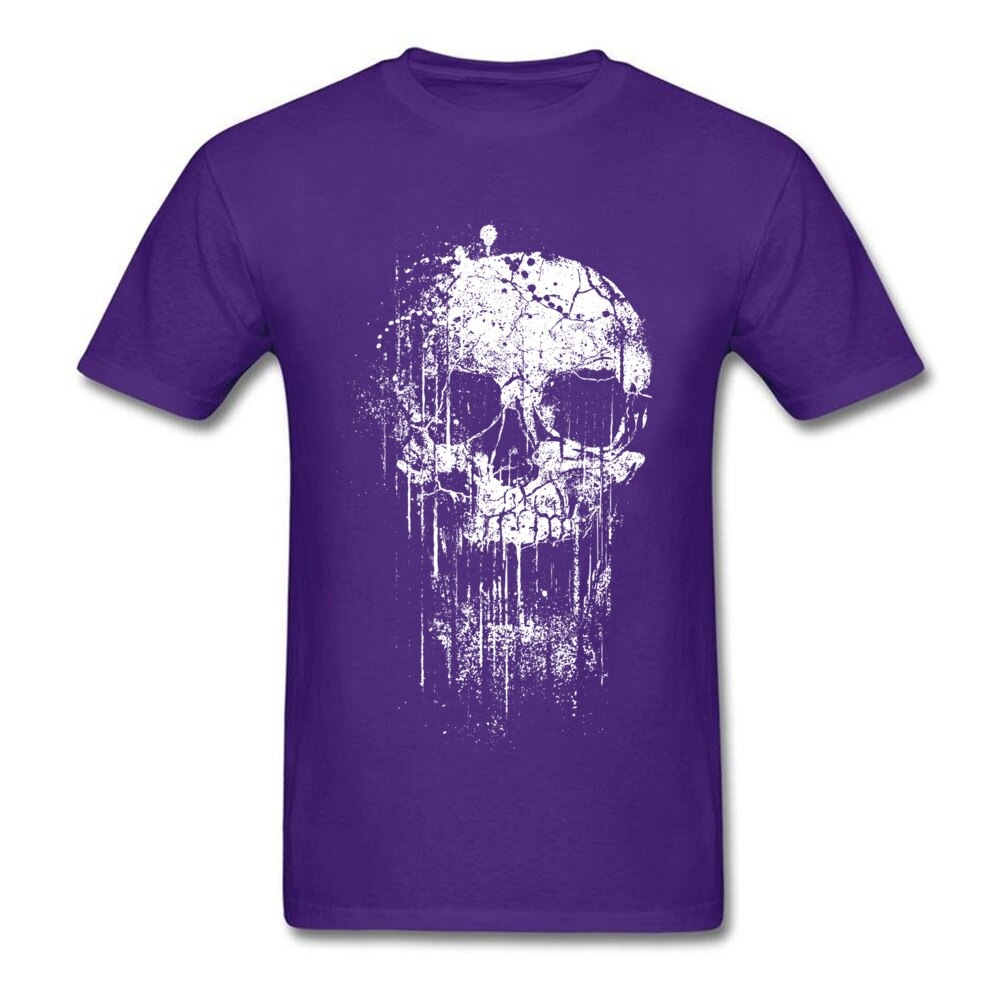 Purple unisex t-shirt featuring a distressed white skull print, perfect for rock fashion lovers.