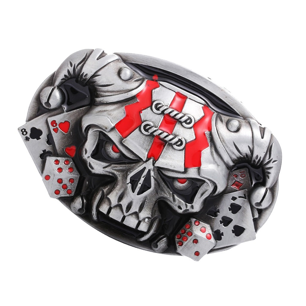 Rock style grey skull cowboy belt buckle with red accents and playing cards, perfect for alternative fashion accessories.