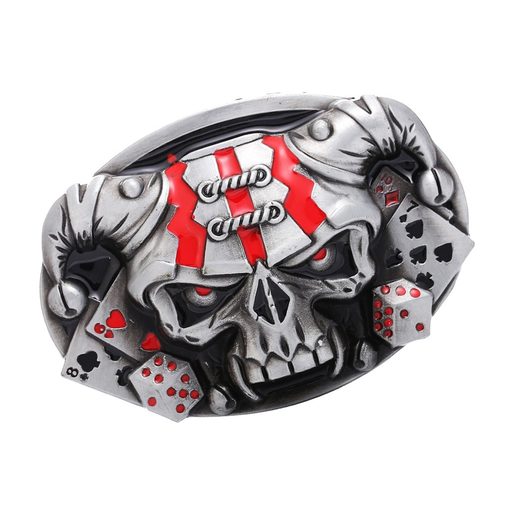 Rock Style Skull Cowboy Belt Buckle featuring red accents and gambling dice, perfect for alternative fashion.