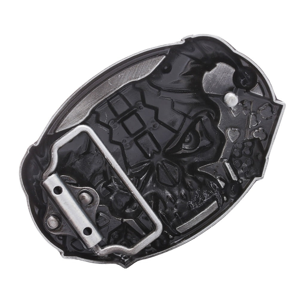 Stylish skull cowboy belt buckle in grey zinc alloy, showcasing gambling items for alternative fashion lovers.
