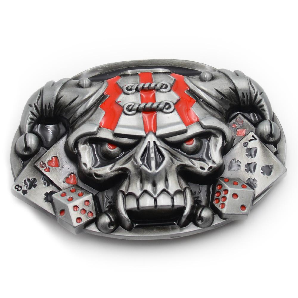 Rock style skull cowboy belt buckle with red accents and gambling items, made of zinc alloy, perfect for alternative fashion.