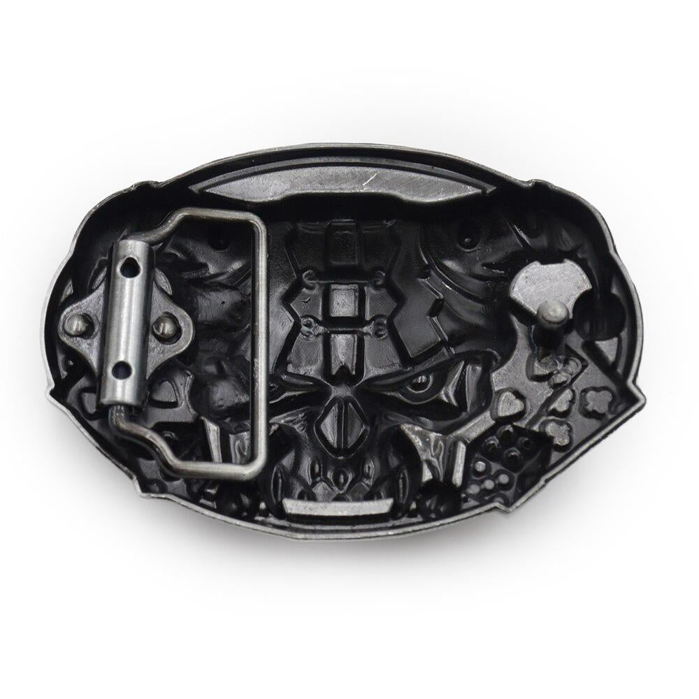 Rock style skull cowboy belt buckle in gray with gambling design, perfect alternative fashion accessory.