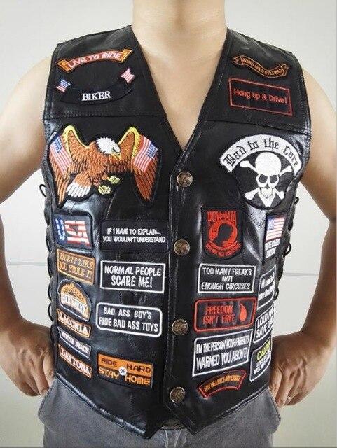 Men's genuine leather biker vest featuring rock-style patches, including skull and eagle designs, perfect for edgy outfits.